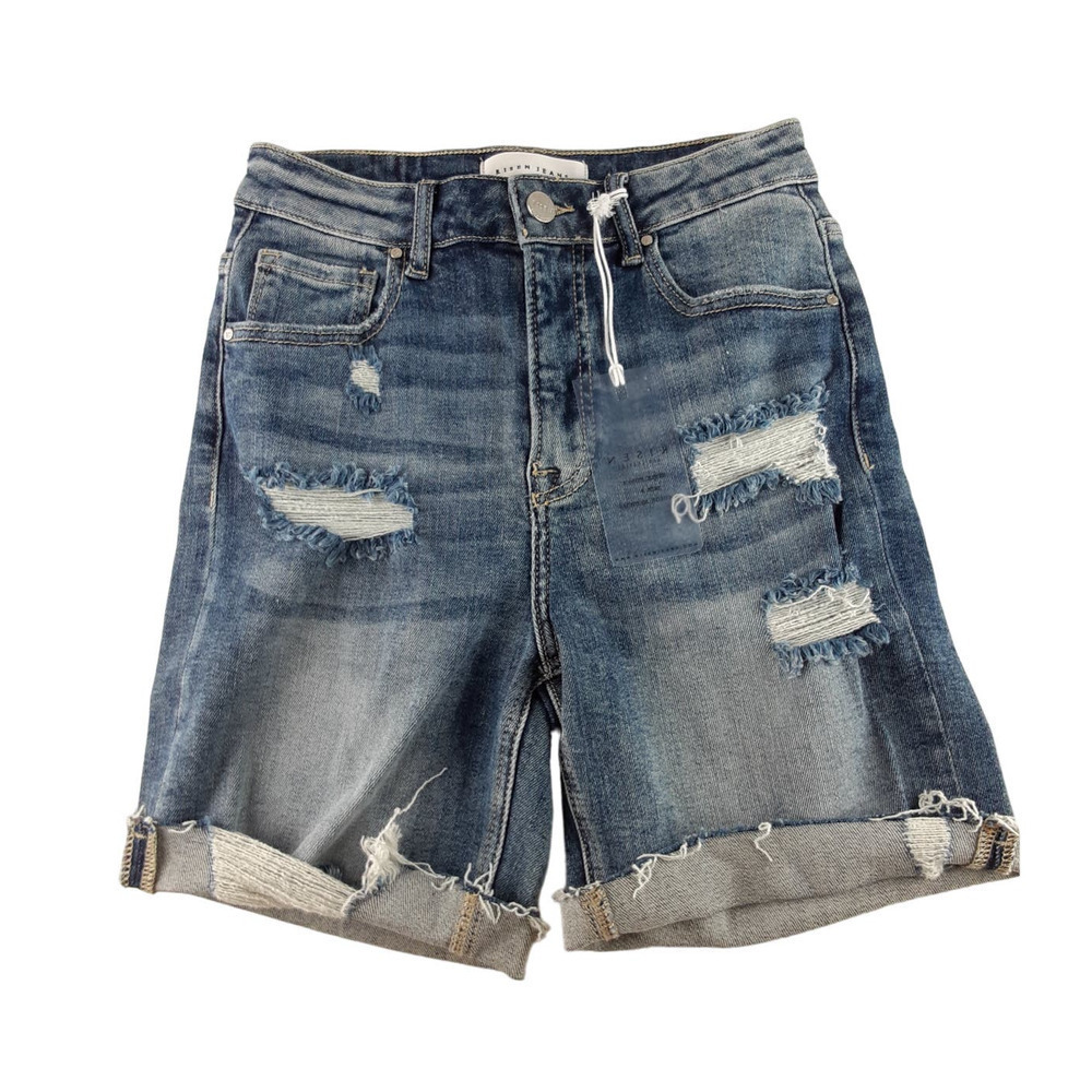 Risen Jeans Womens Medium Wash Distressed High Rise Cuffed Denim Shorts S